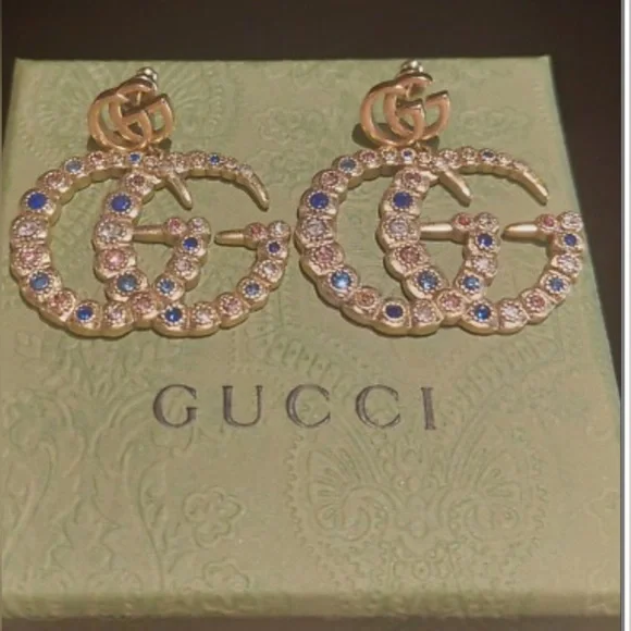 NWB Gucci Gold Earrings with Multicolor Crystals - Picture 5 of 8